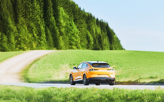 A rear view of a yellow car driving on an open road next to a green forest and fields on a sunny day.
