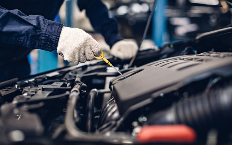 A mechanic in protective gloves checks engine oil with a dipstick under an open hood during vehicle maintenance service.
